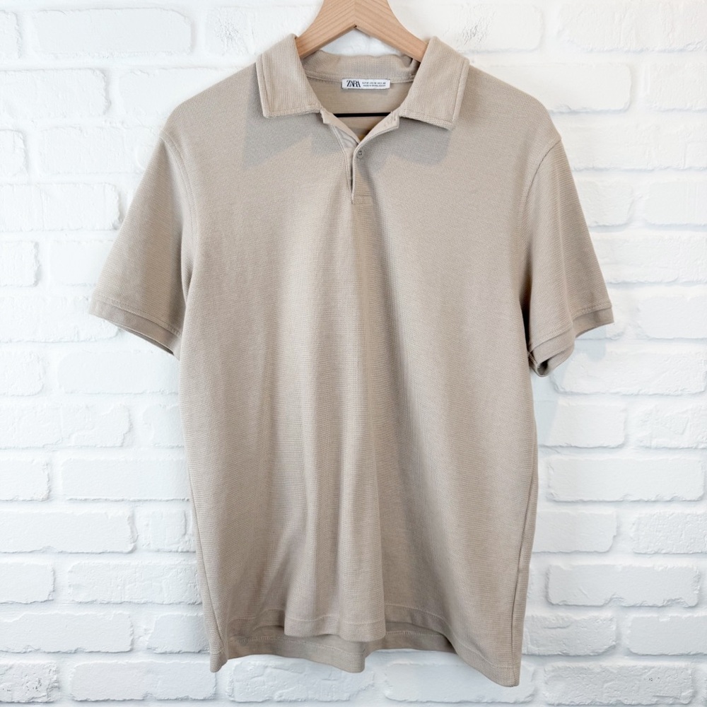 Zara Taupe Brown Cotton Blend Knit Polo Shirt Short Sleeve Beige Textured Medium